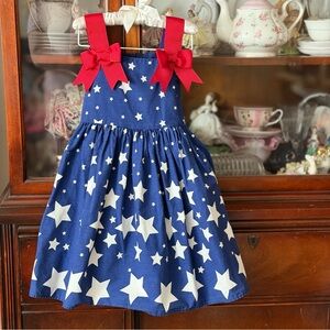 Jessica Ann Blue & White Star Print Sundress with Red Bow Straps